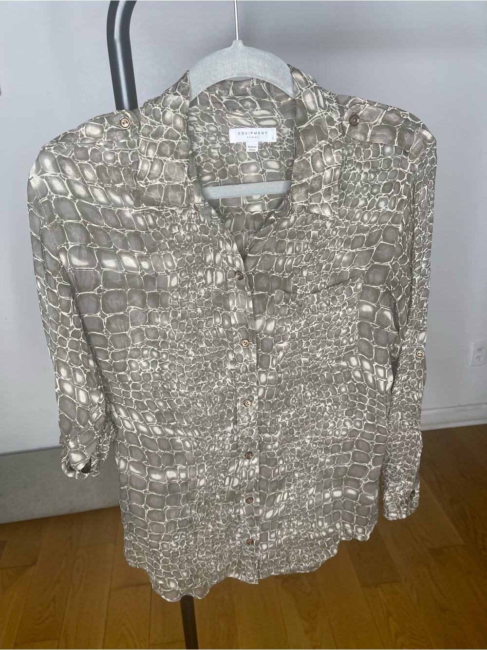Equipment Taupe and Cream Croc-Print Silk Blouse